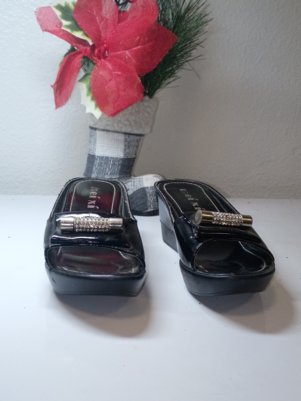 Zhivago Black Patent Wedge Sandals with Rhinestone Accent